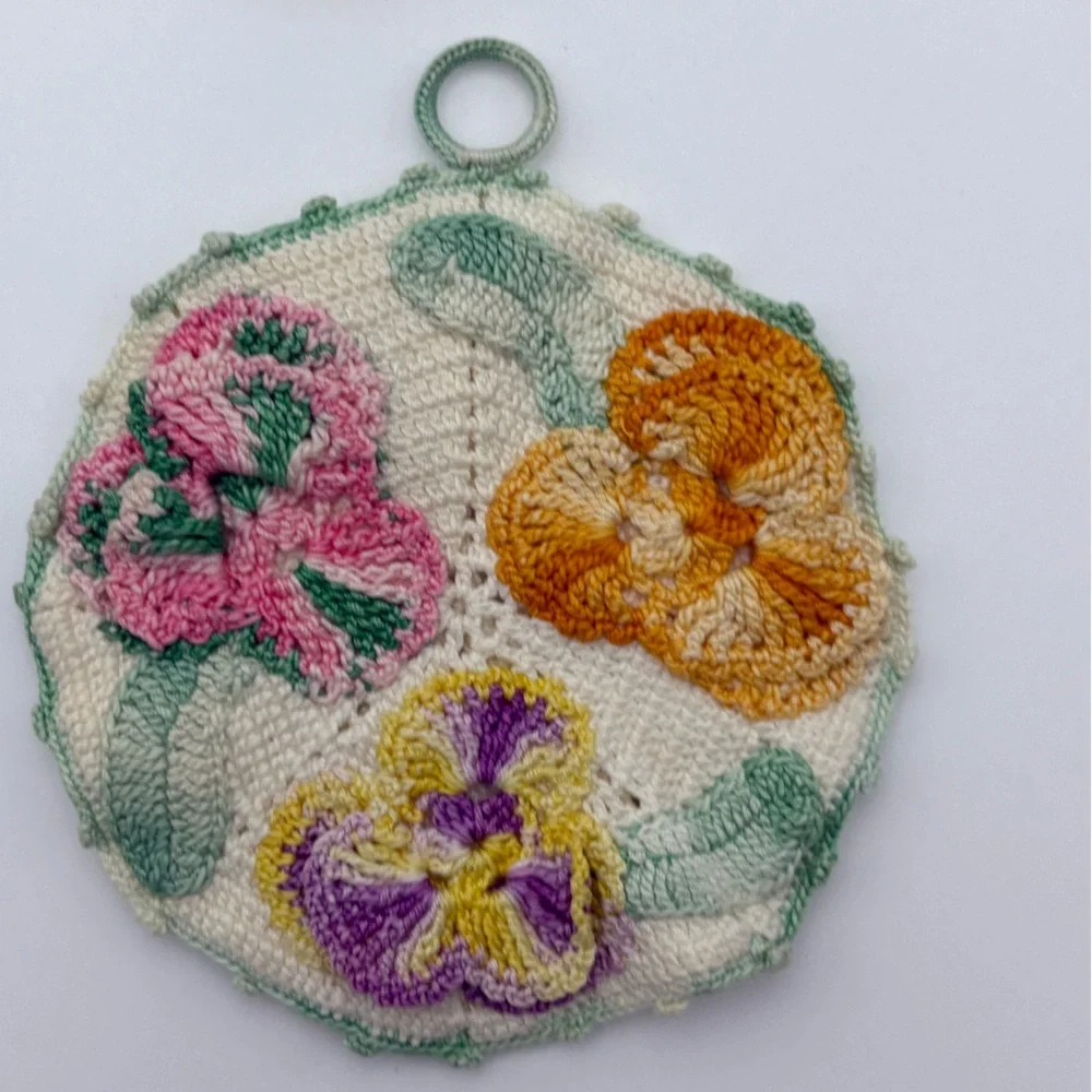 Theee Vintage Handmade Crochet Floral Pot Holders